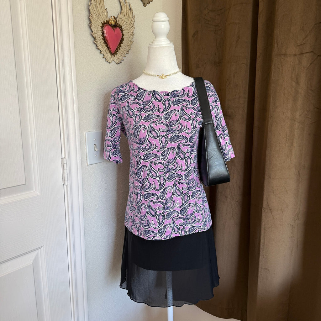 Talbots Pima Cotton Purple Navy Paisley Print Short Sleeve Top Size XS
