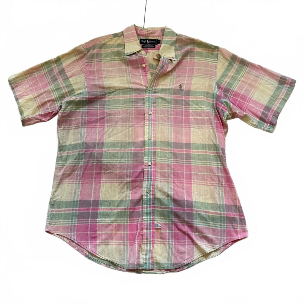 Ralph Lauren Pink Green Madras Plaid Short Sleeve Button Shirt 100% Cotton Sz Lg