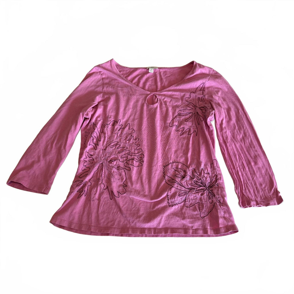 J. Jill Women's Medium Pink Long Sleeve Cotton Top with Floral Embroidery