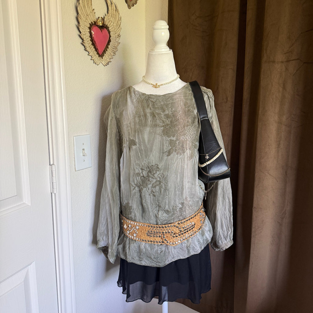 Belle France Silk Lined Sage Floral Whimsical Boho Blouse Made in Italy Sz XL