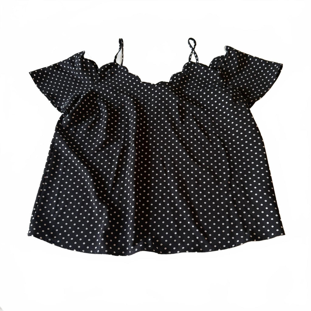 Monteau Los Angeles Anthropologie Black Polka Dot Cold Shoulder Scalloped Blouse