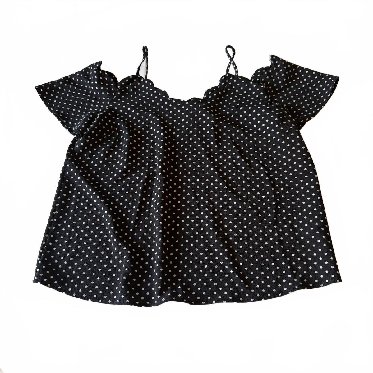Monteau Los Angeles Anthropologie Black Polka Dot Cold Shoulder Scalloped Blouse