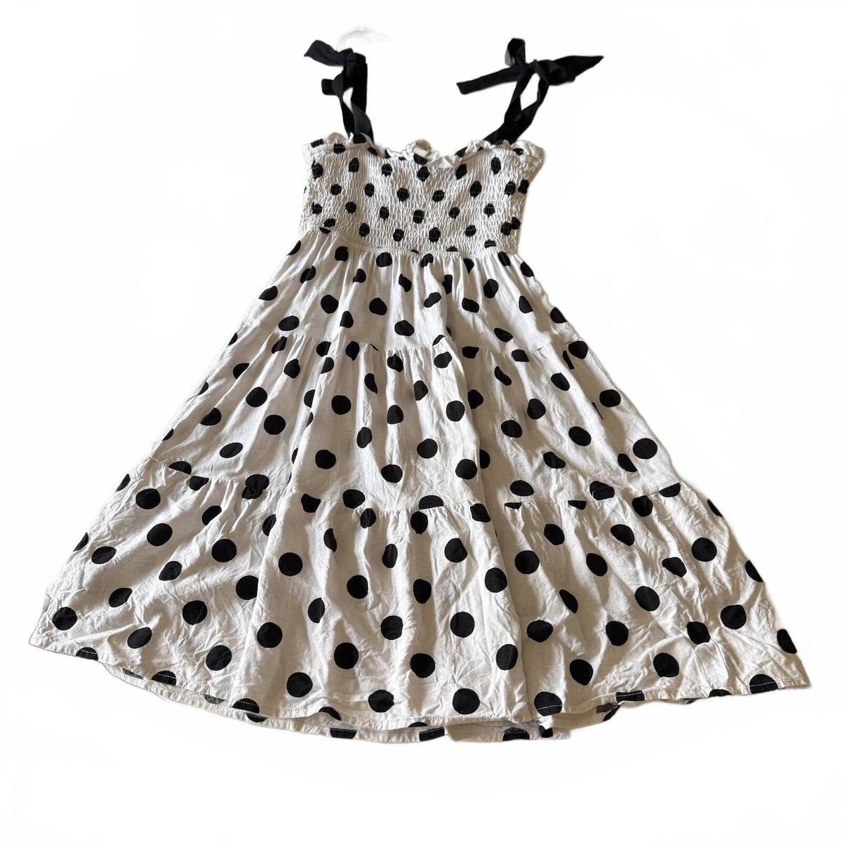 thriftalina Monteau LA Polka Dot Tiered Babydoll Dress Tie Shoulder Cottagecore Sz XS