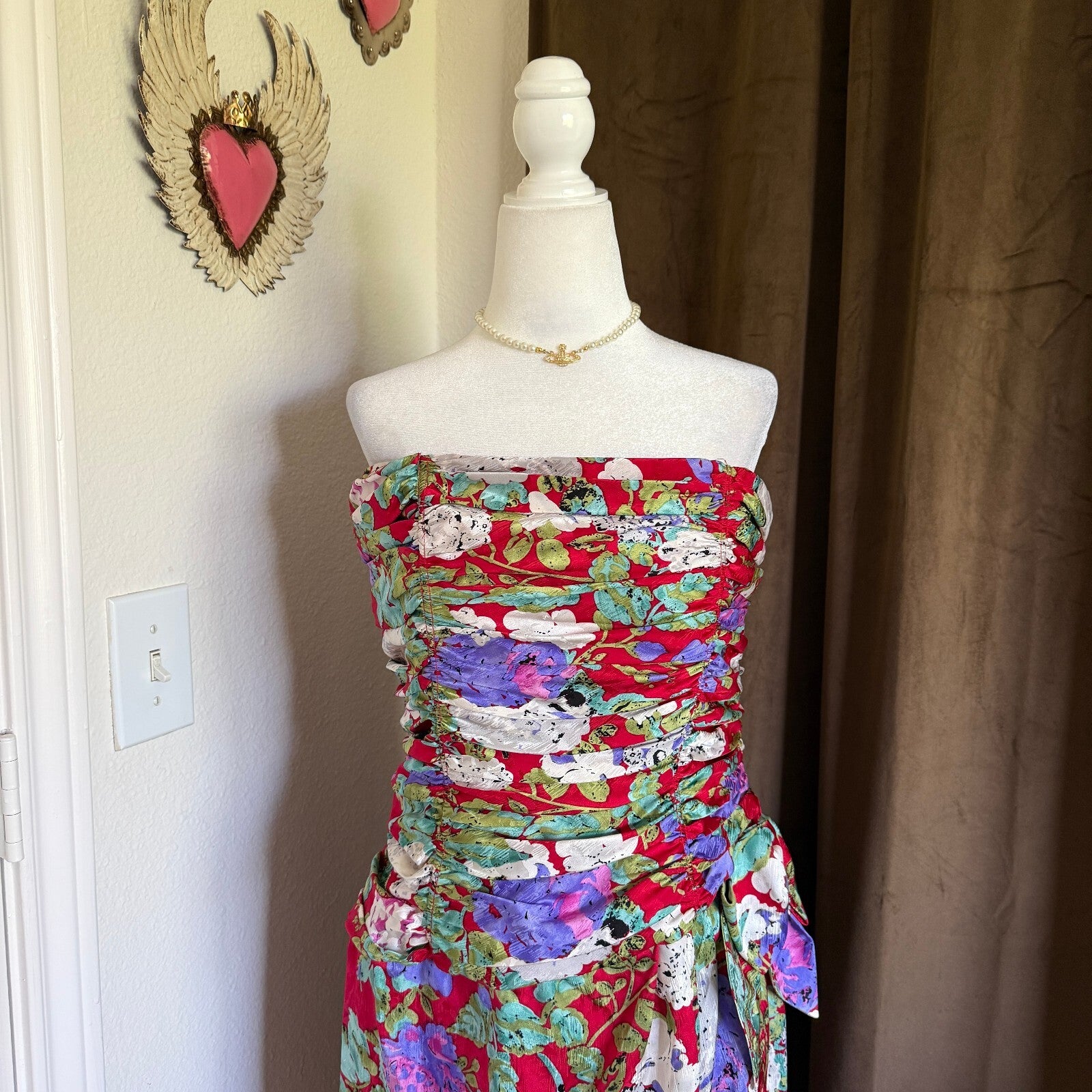 Vintage Silk Party Dress Strapless Frock 1980s Maddy London Red White Purple