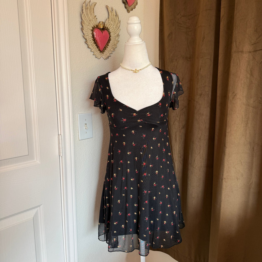 See You Monday Black Floral Mesh Dress Size XS