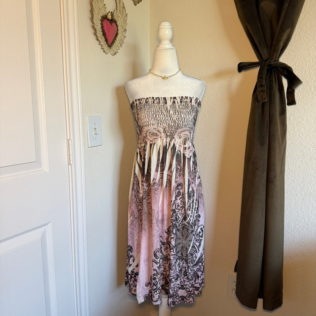 Y2K Rhinestone Embellished Pink Cristinalove Bohemian Chic Strapless Dress Sz L