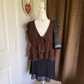 La Peche Brown Textured Ruffle Top, Size Large, Tie-Front V-Neck