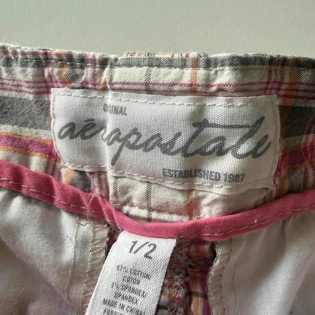 Aeropostale Y2K 2000s Plaid Bermuda Shorts Size 1/2 Pink Grey Cotton Cuffed