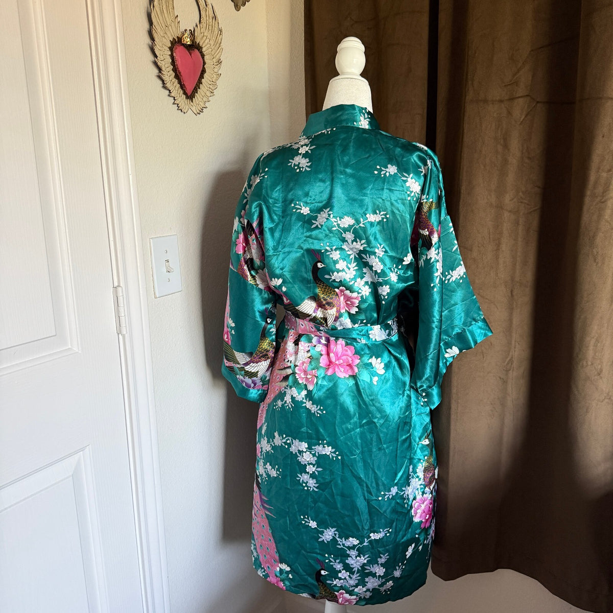 Teal Satin Kimono Robe Peacock Floral Print Belted Dressing Gown One Size