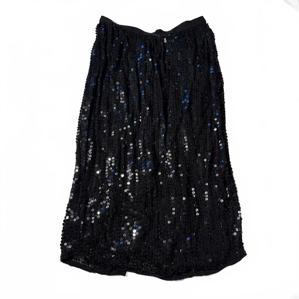 He-Ro Vintage Silk Sequin Beaded Black Midi Skirt Sz 6 90s Glam Party Formal