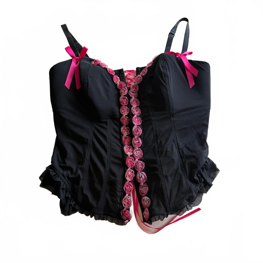 Cacique Black Pink Rosette Lace Up Bustier Cami Plus 22/24 Fairycore Coquette