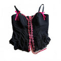 Cacique Black Pink Rosette Lace Up Bustier Cami Plus 22/24 Fairycore Coquette