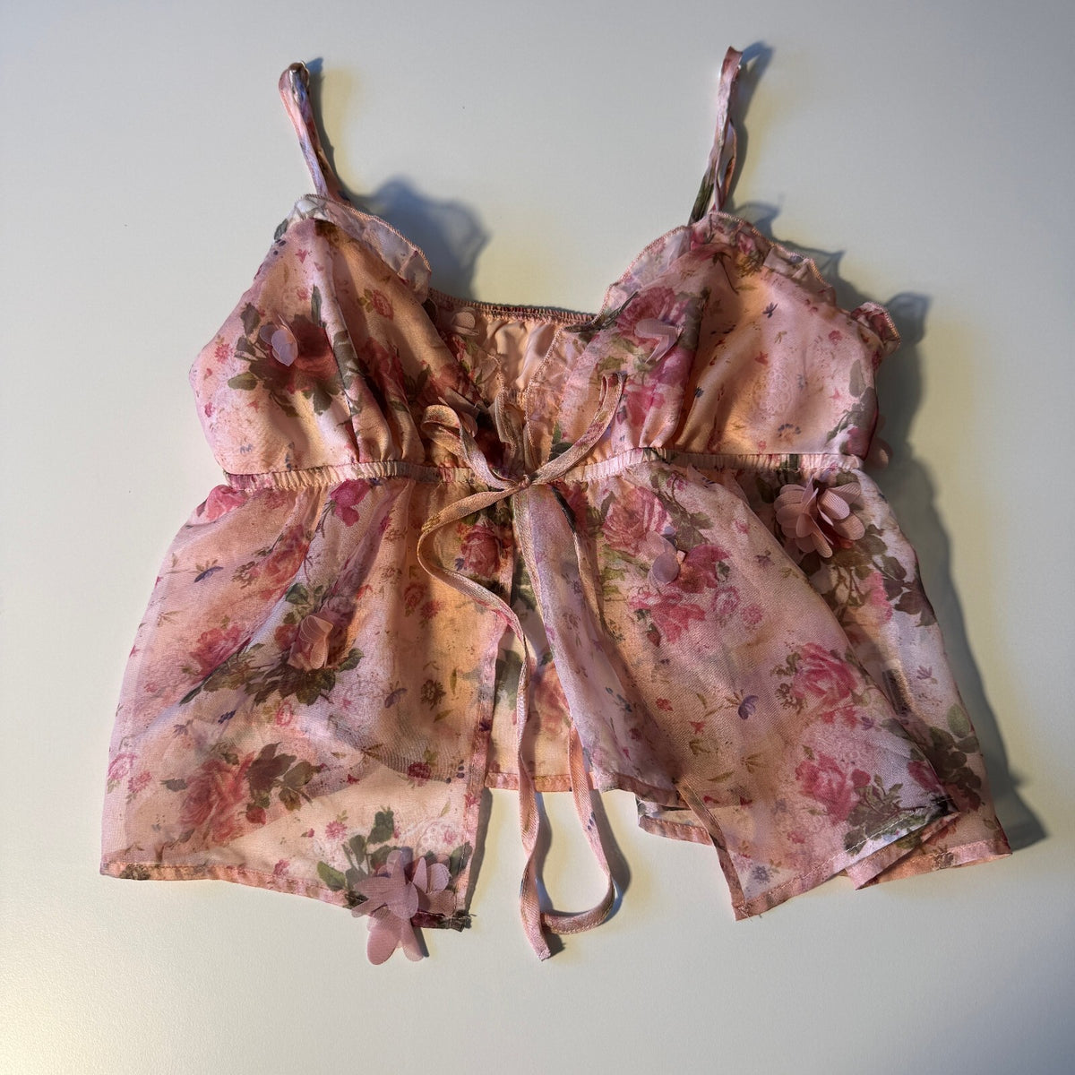 Y2K Sheer 3D Floral Chiffon Babydoll Cami Top Rose Print Fairycore Coquette
