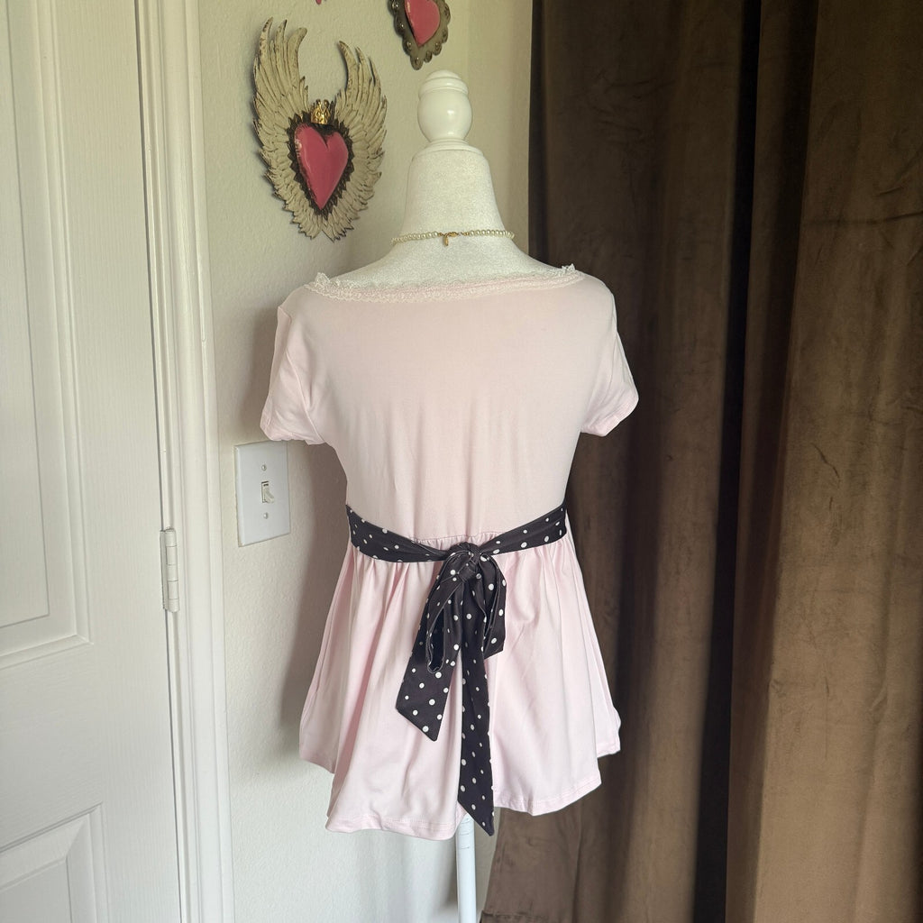 Women's Soft Pink V-Neck Lace Trim Top with Polka Dot Sash Belt, Short Sleeves,
