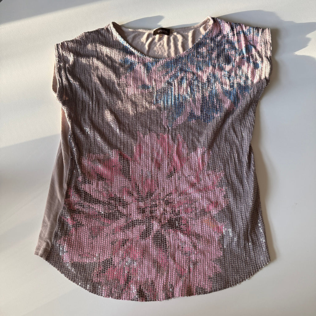 Crosby Women's Floral Pattern Sequin Short Sleeve Rayon Top
