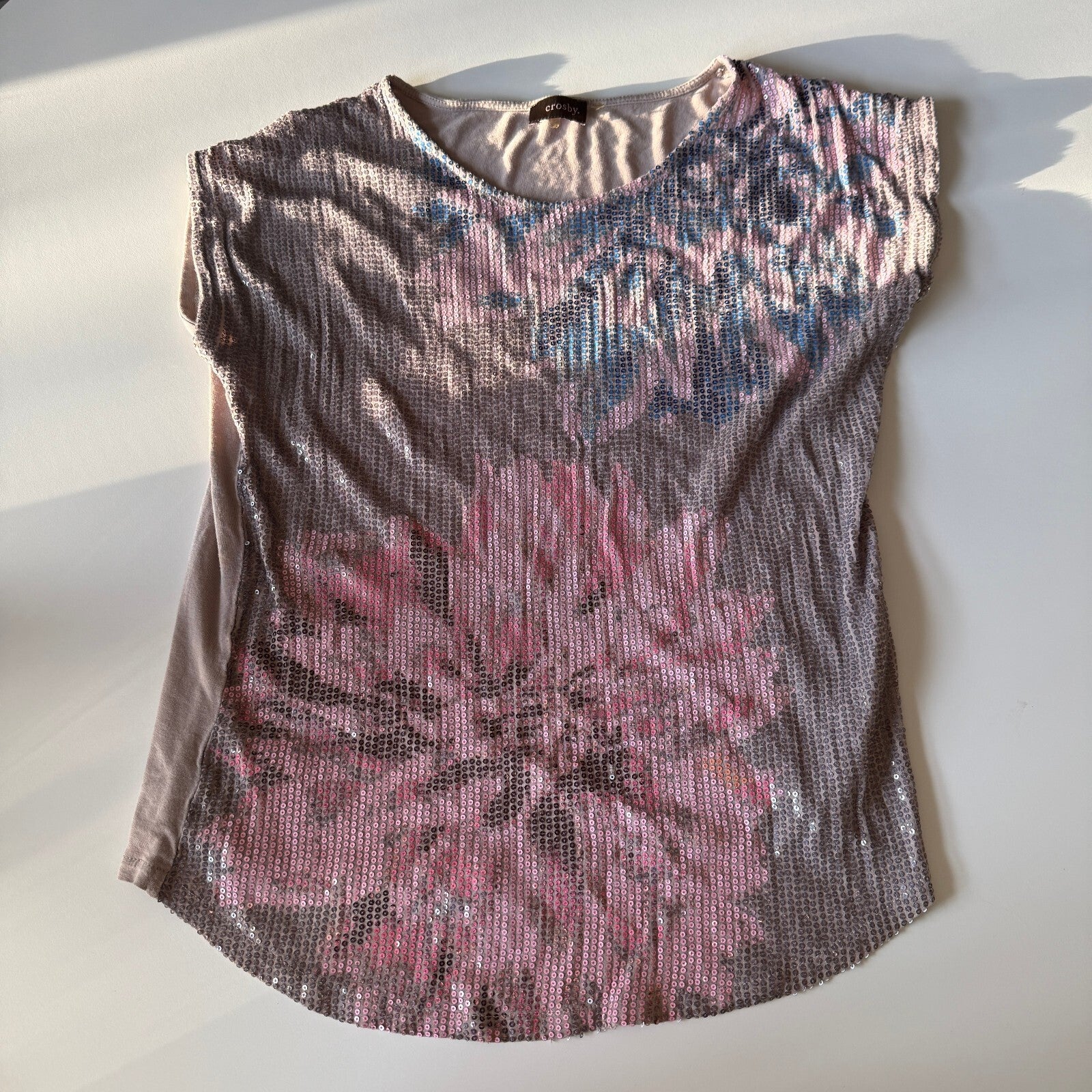 Crosby Women's Floral Pattern Sequin Short Sleeve Rayon Top