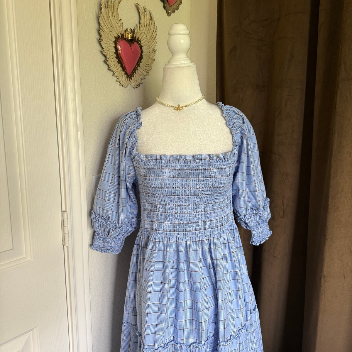 Hill House Home Blue Plaid Cottagecore Nap Dress Puff Sleeve Maxi Size Large