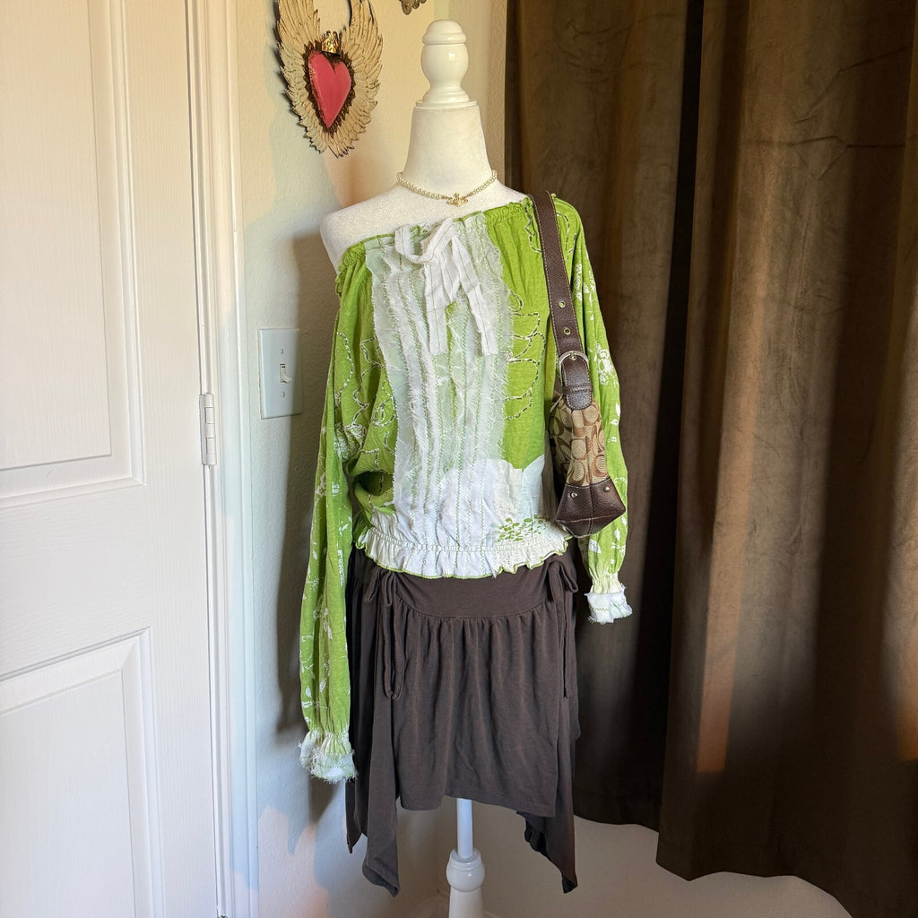Y2K Fifi Collection Beaded Ruched Tie Detail Green Boho Hippie Vintage Blouse S