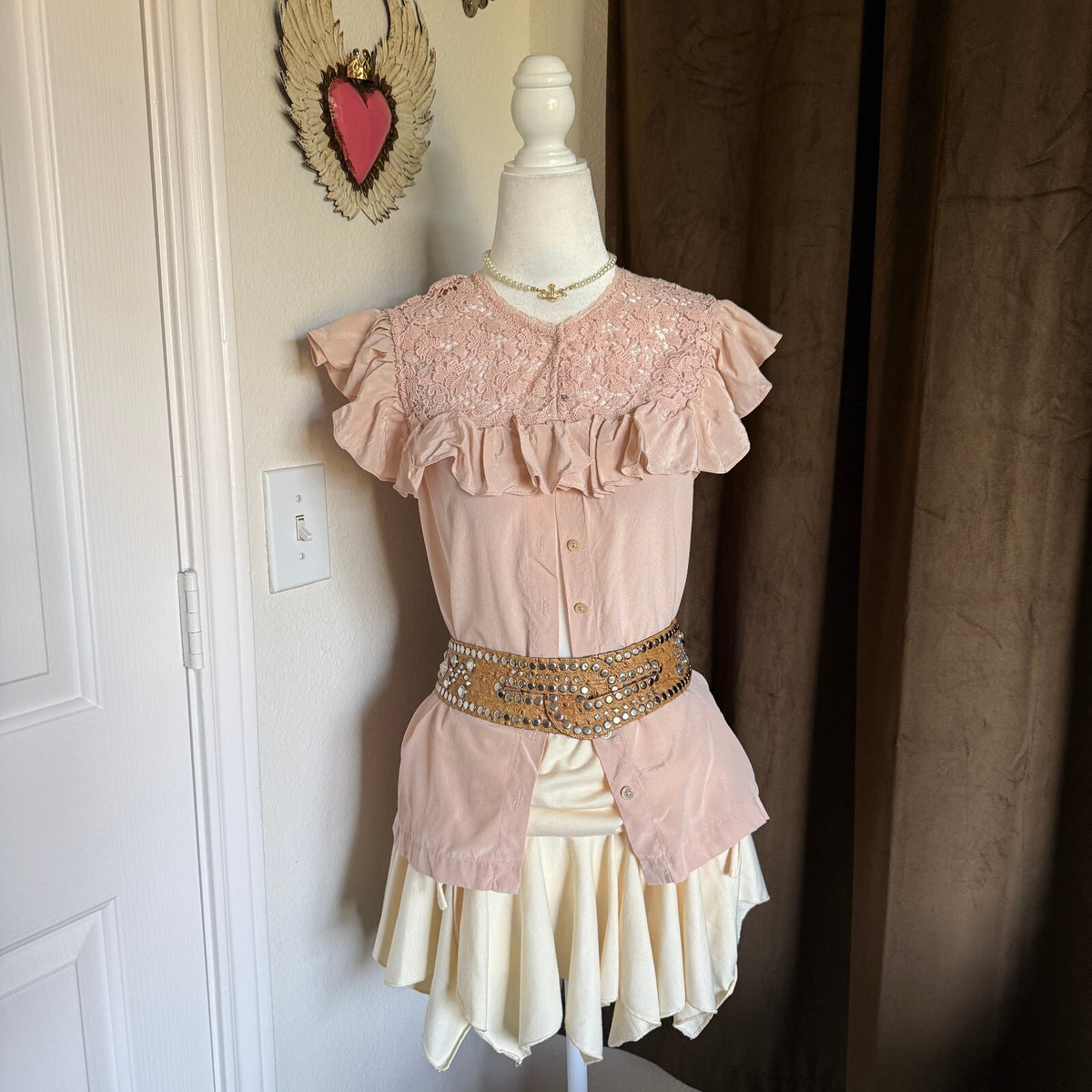 Rebecca Taylor Blush Silk Ruffle Lace Blouse Coquette Balletcore Girly Frilly