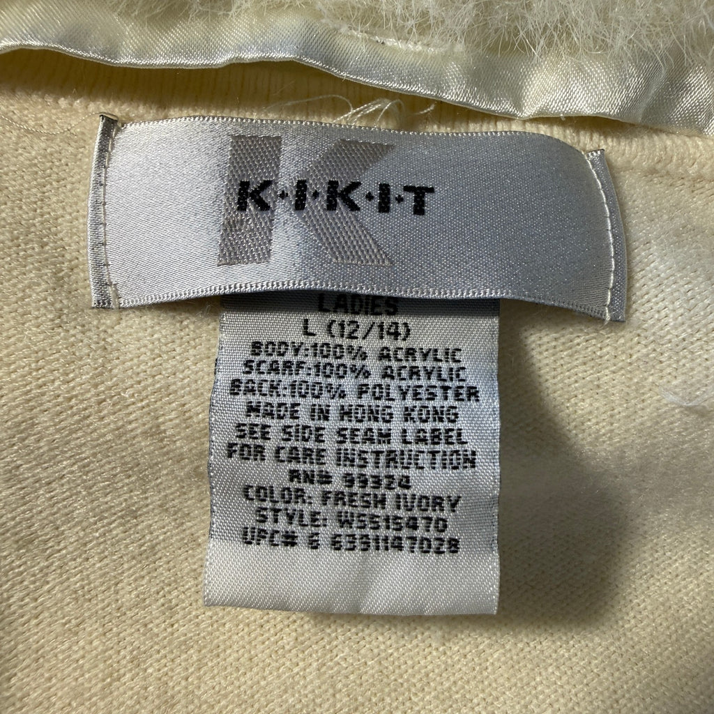 Kikit Ivory Coquette Faux Fur Collar Cardigan Pearl Button Ribbon Tie Detail L