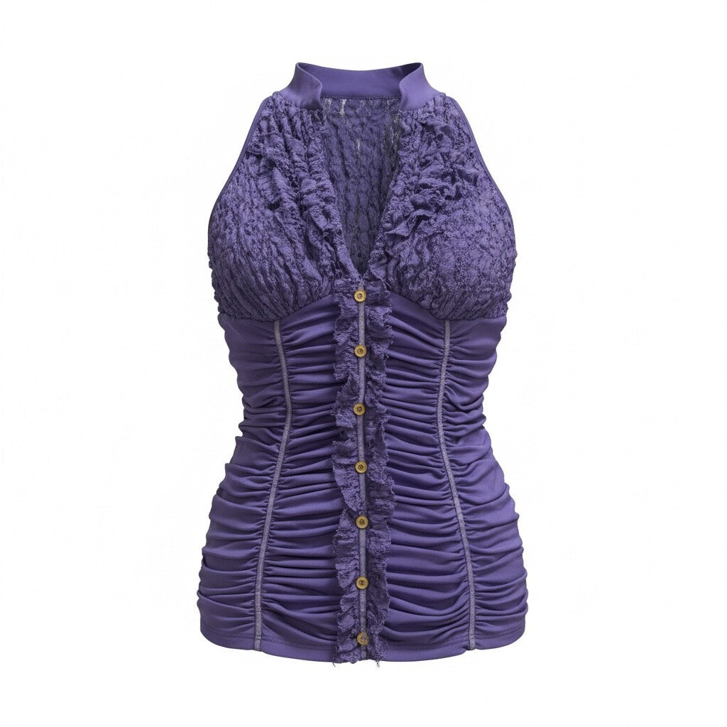 thriftalina Y2K XoXo Ruched Bodycon Sleeveless Women's Purple Top Lace Trim Button Detail