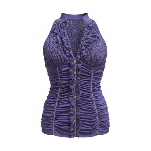 thriftalina Y2K XoXo Ruched Bodycon Sleeveless Women's Purple Top Lace Trim Button Detail