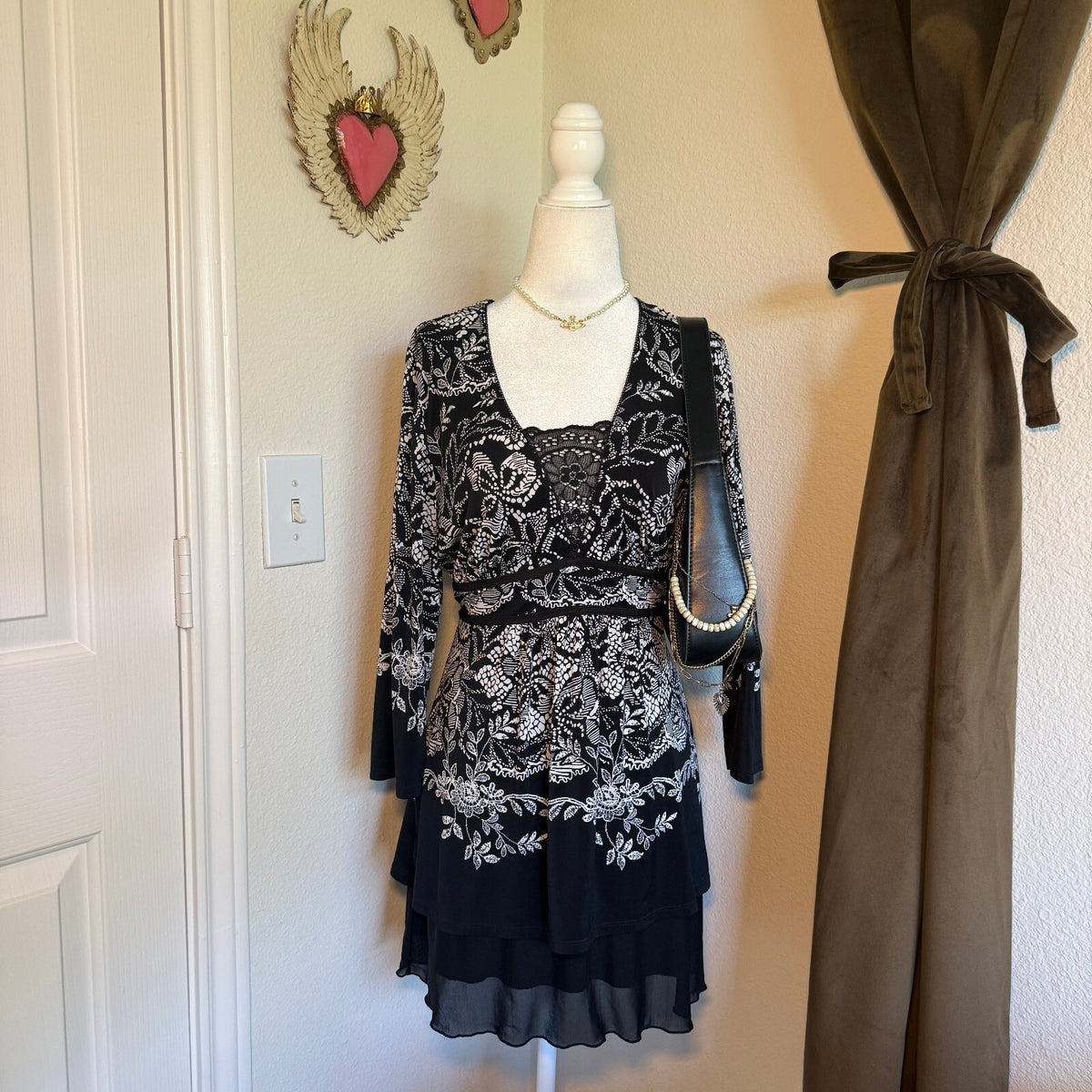 In Bloom by Jonquil Black Floral Lace Detail Tie Back V-Neck Blouse Corporate