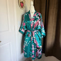 Teal Satin Kimono Robe Peacock Floral Print Belted Dressing Gown One Size