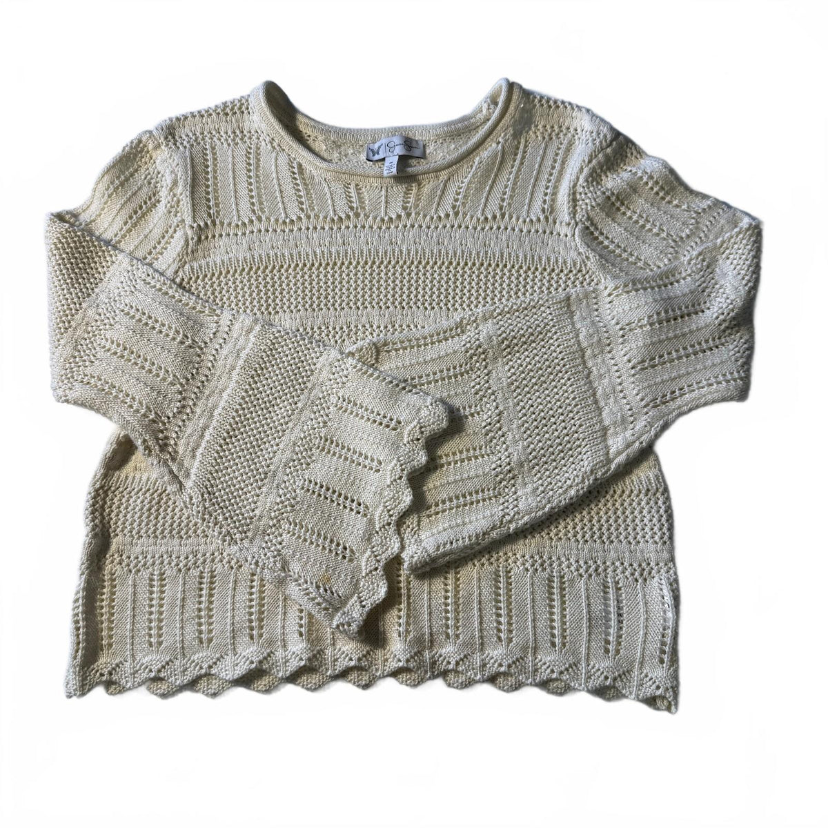 Jessica Simpson Ivory Crochet Knit Sweater Scalloped Hem Boho Cottagecore M
