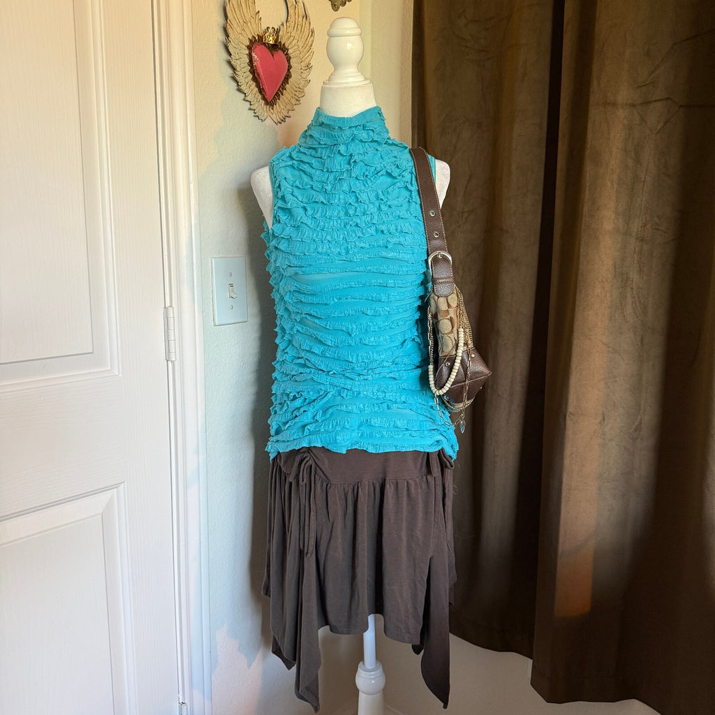 Cocomo Bright Blue Ruffled Frilly Mermaid Core Mock Neck Sleeveless Top Fairy