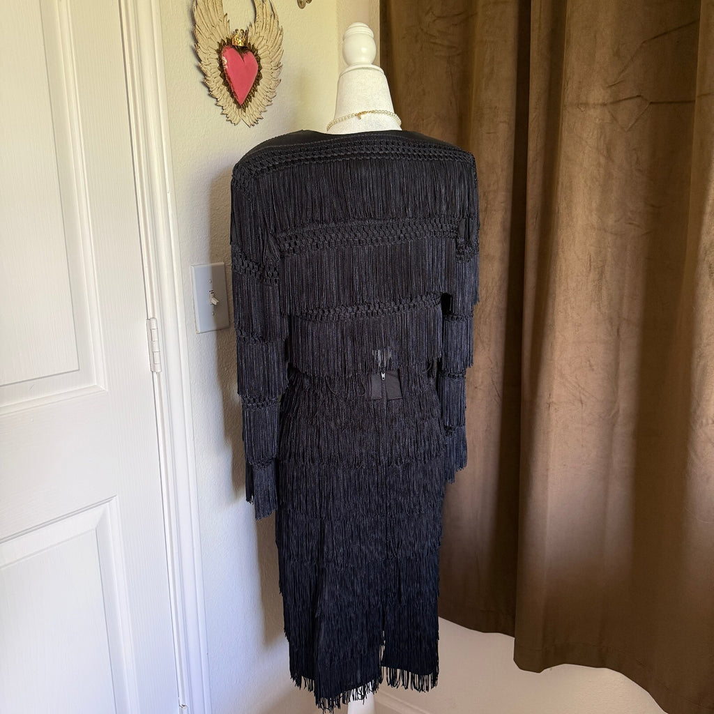 Cache Gold Label Vintage 1980's Fringe Midi Dress with Matching Cardigan