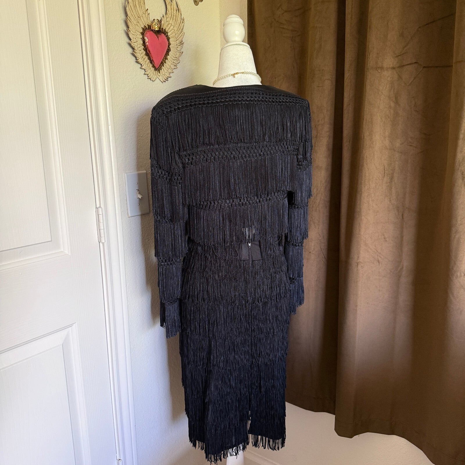 Cache Gold Label Vintage 1980's Fringe Midi Dress with Matching Cardigan