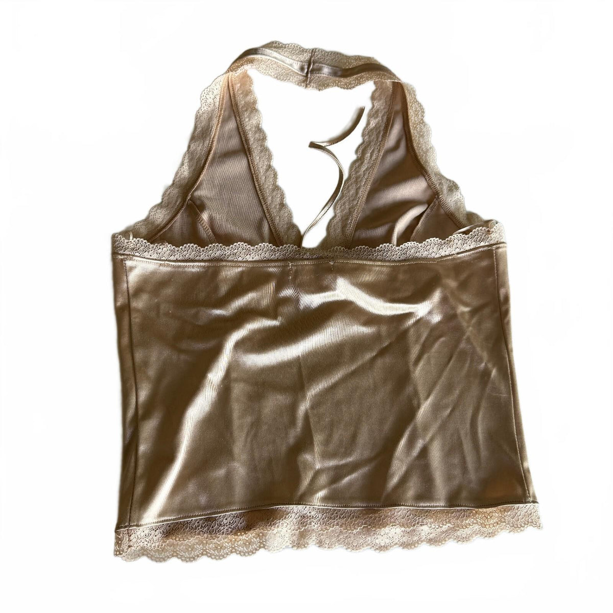 Satin Lace Trim Cami Halter Top Champagne Tie Detail Thirty Thirty LA Size Large