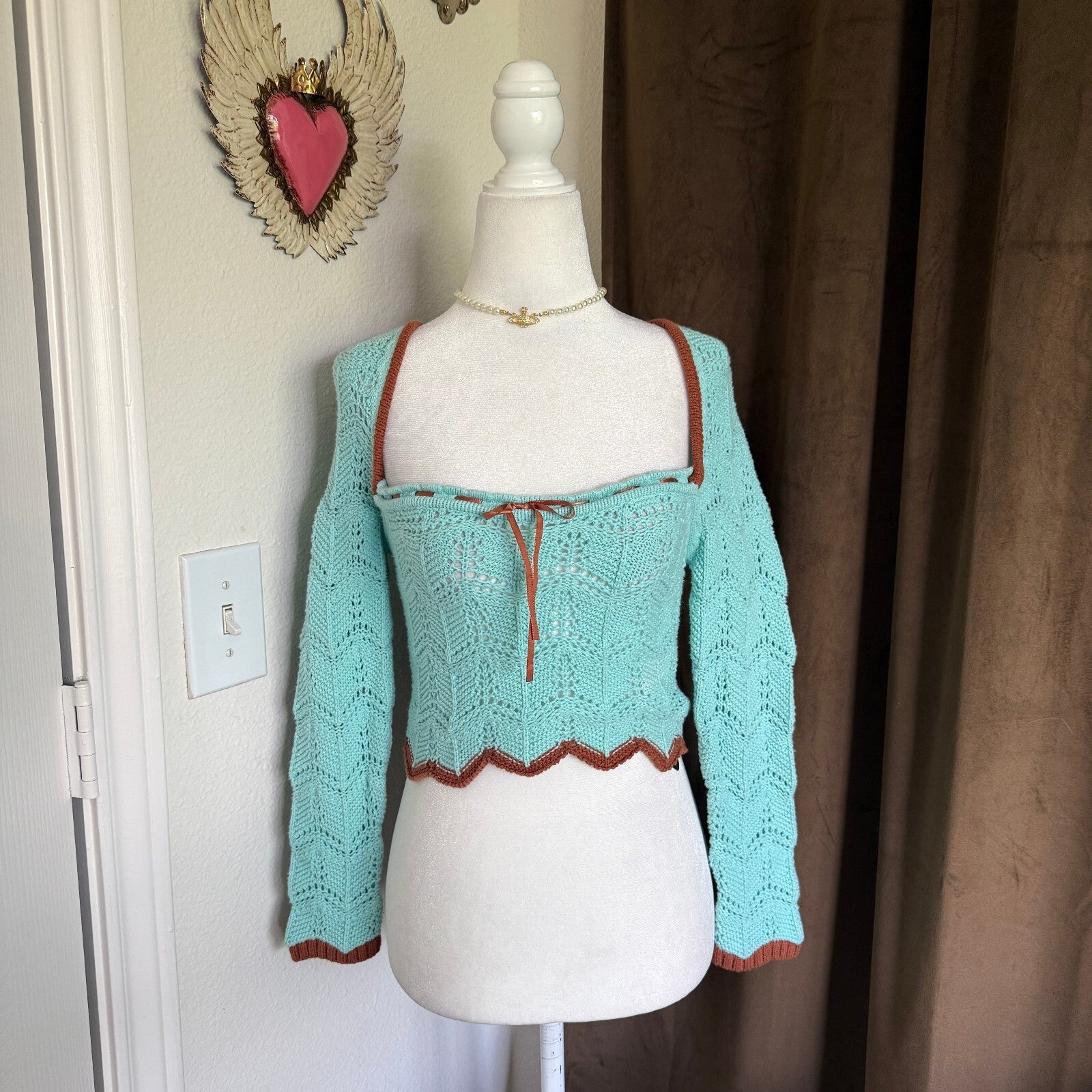 Urban Outfitters Women's Mint Green Crochet Knit Sweater with Brown Trim, Size S