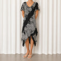 Eva Blue Fairy Beaded Black and White Floral Handkerchief Hem Dress Size 16