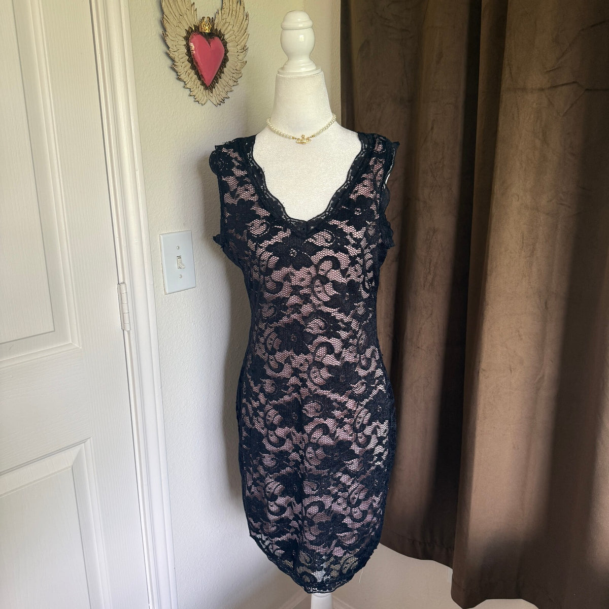 Liberty Love Y2K Black Lace Blush Bodycon Mini Dress Romantic Goth Large