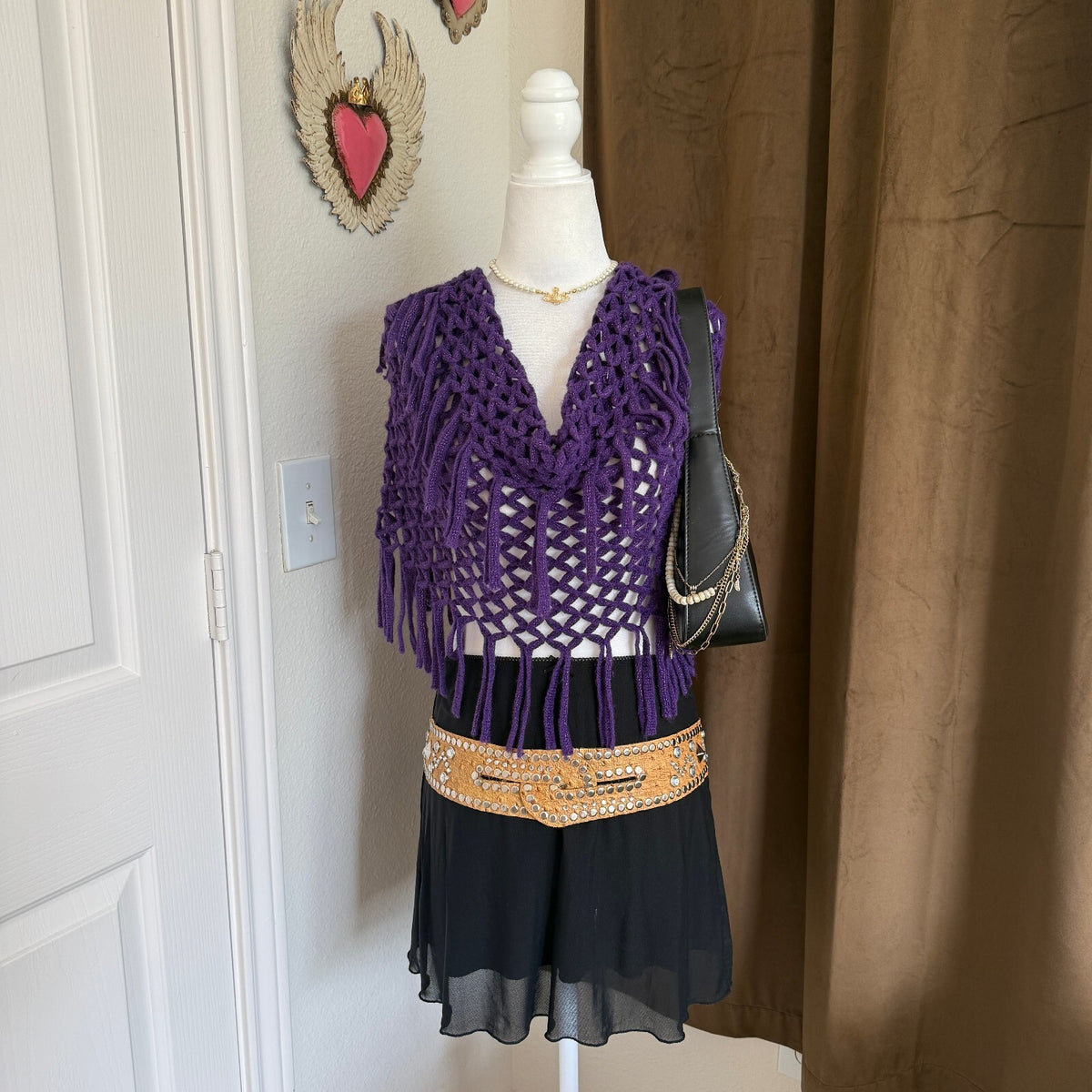 Mudd Y2K Purple Crochet Fringe Poncho Scarf Boho Witch Festival Sparkle Cover Up