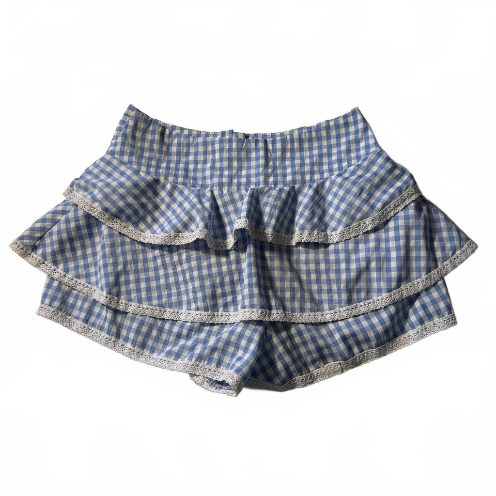 Blue Gingham Layered Ruffle Shorts Bloomers Lace Trim Pearl Buttons Coquette M