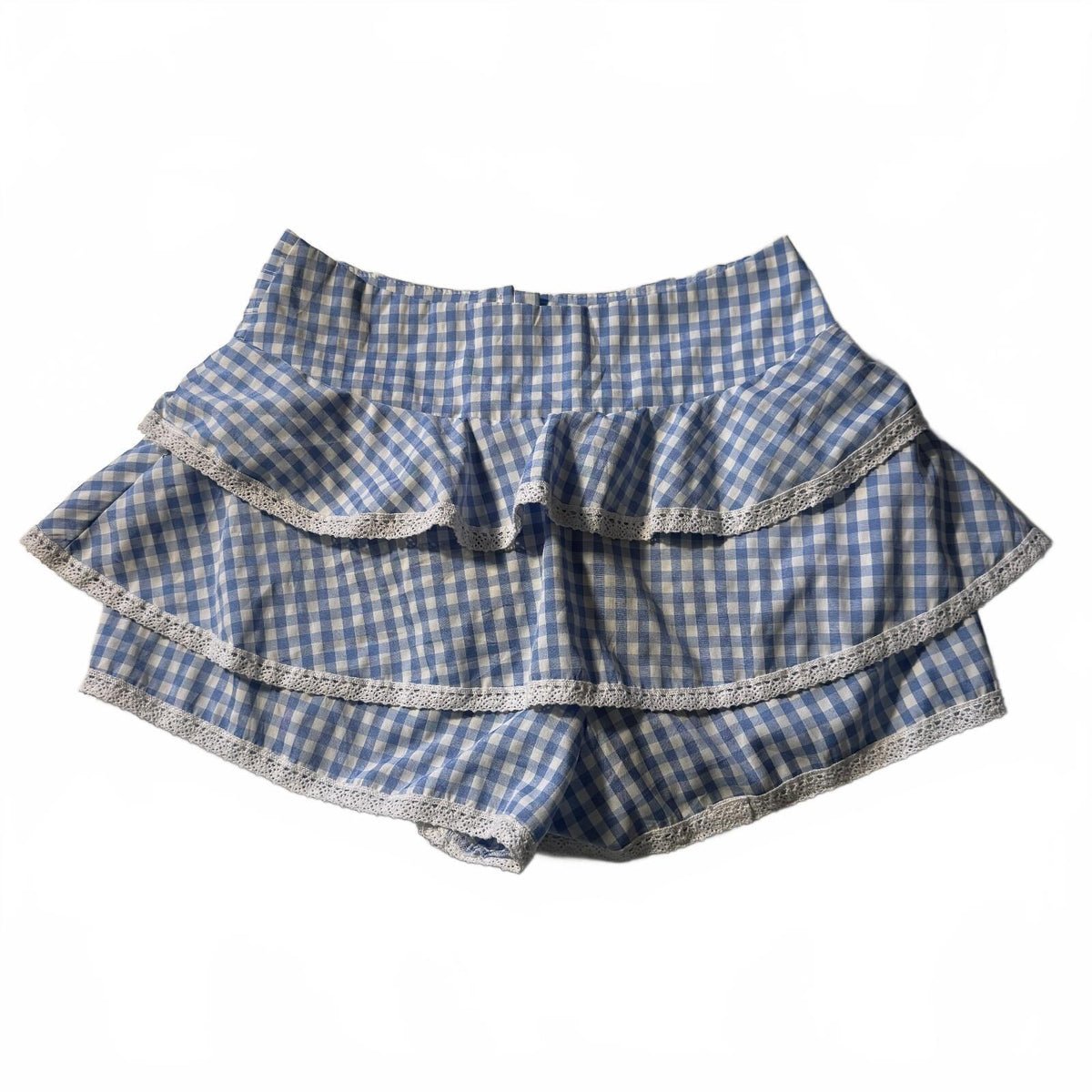 Blue Gingham Layered Ruffle Shorts Bloomers Lace Trim Pearl Buttons Coquette M