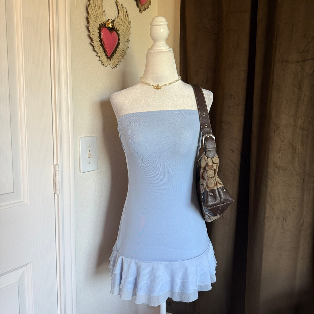 Edikted Thalia Strapless Minidress Ruffle Coquette Baby Blue Girly Sz XS