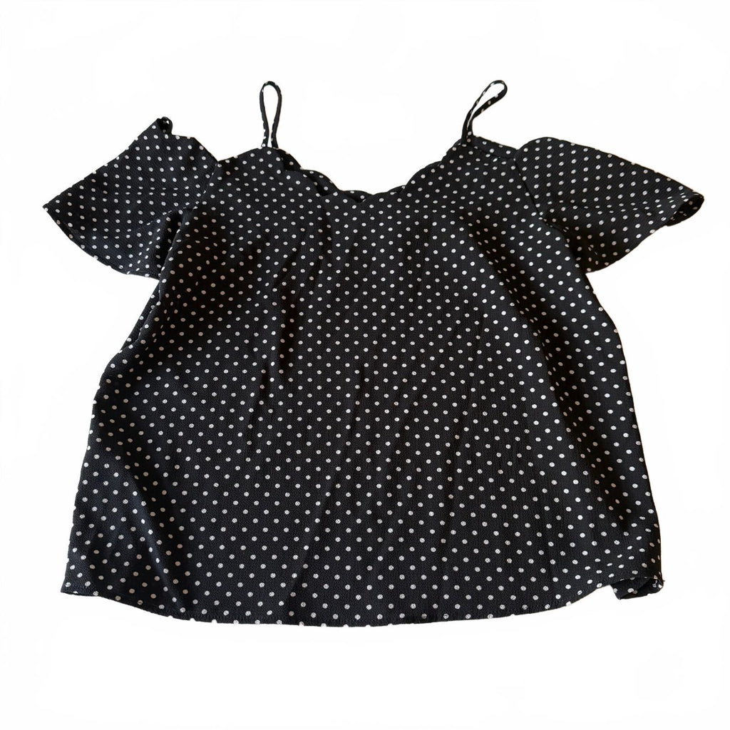 Monteau Los Angeles Anthropologie Black Polka Dot Cold Shoulder Scalloped Blouse