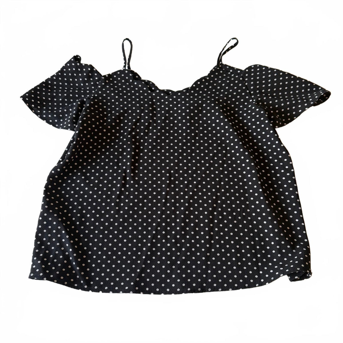 Monteau Los Angeles Anthropologie Black Polka Dot Cold Shoulder Scalloped Blouse