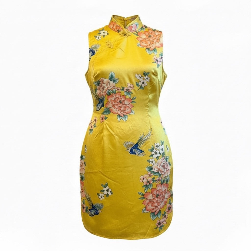 Yellow Asian Inspired Sleeveless Mini Dress Size M Spring Vacation Dress