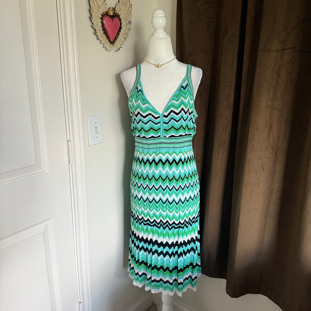 7th Ave New York & Co Chevron Printed Green Knit Midi Dress Women's Sz Large
