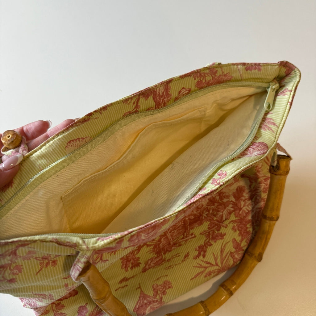 Pink and Yellow Toile de Jouy Bamboo Handle Purse Unique Fabric Accessory