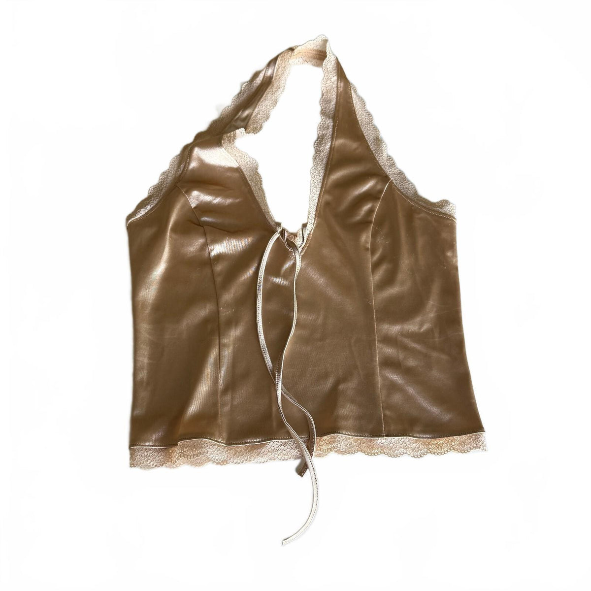 Satin Lace Trim Cami Halter Top Champagne Tie Detail Thirty Thirty LA Size Large
