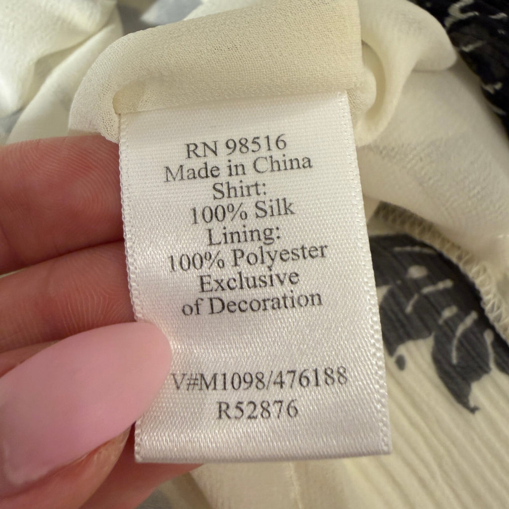 Coldwater Creek Black and White Silk Blend Plisse Romantic Frilly Button-Up Sz L