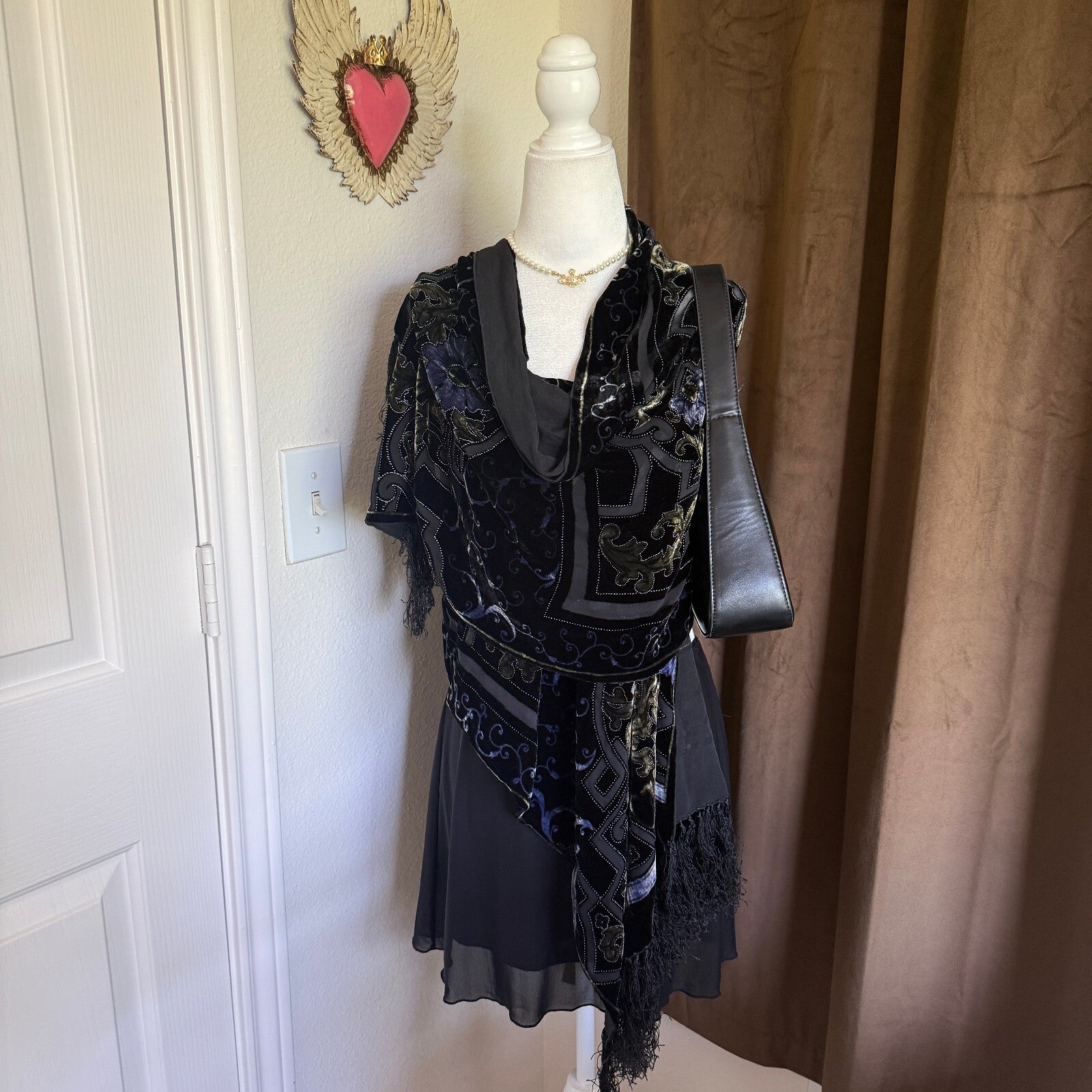 Vintage Black Velvet and Sheer Overlay Scarf with Ornate Pattern Fringe Detail
