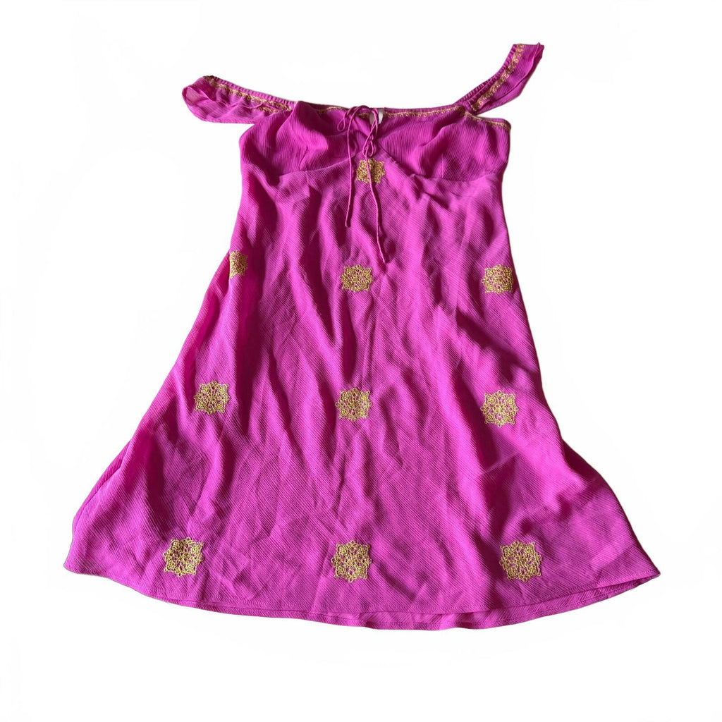 Y2K New York & Co Women's Gold Detail Flutter Sleeve Pink Mini Dress Tie Detail