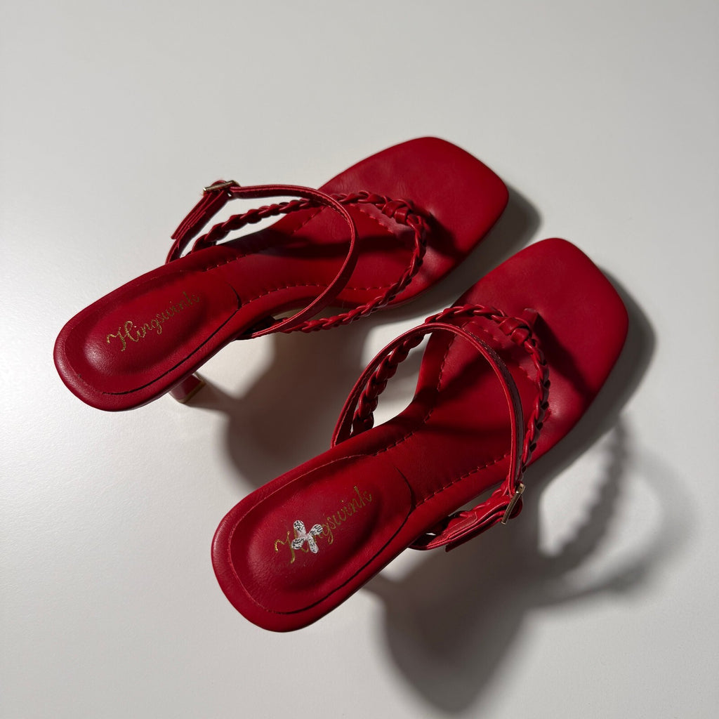 Hingswink Red Braided Strappy Kitten Heel Thong Sandals Brand New Size 6 1/2